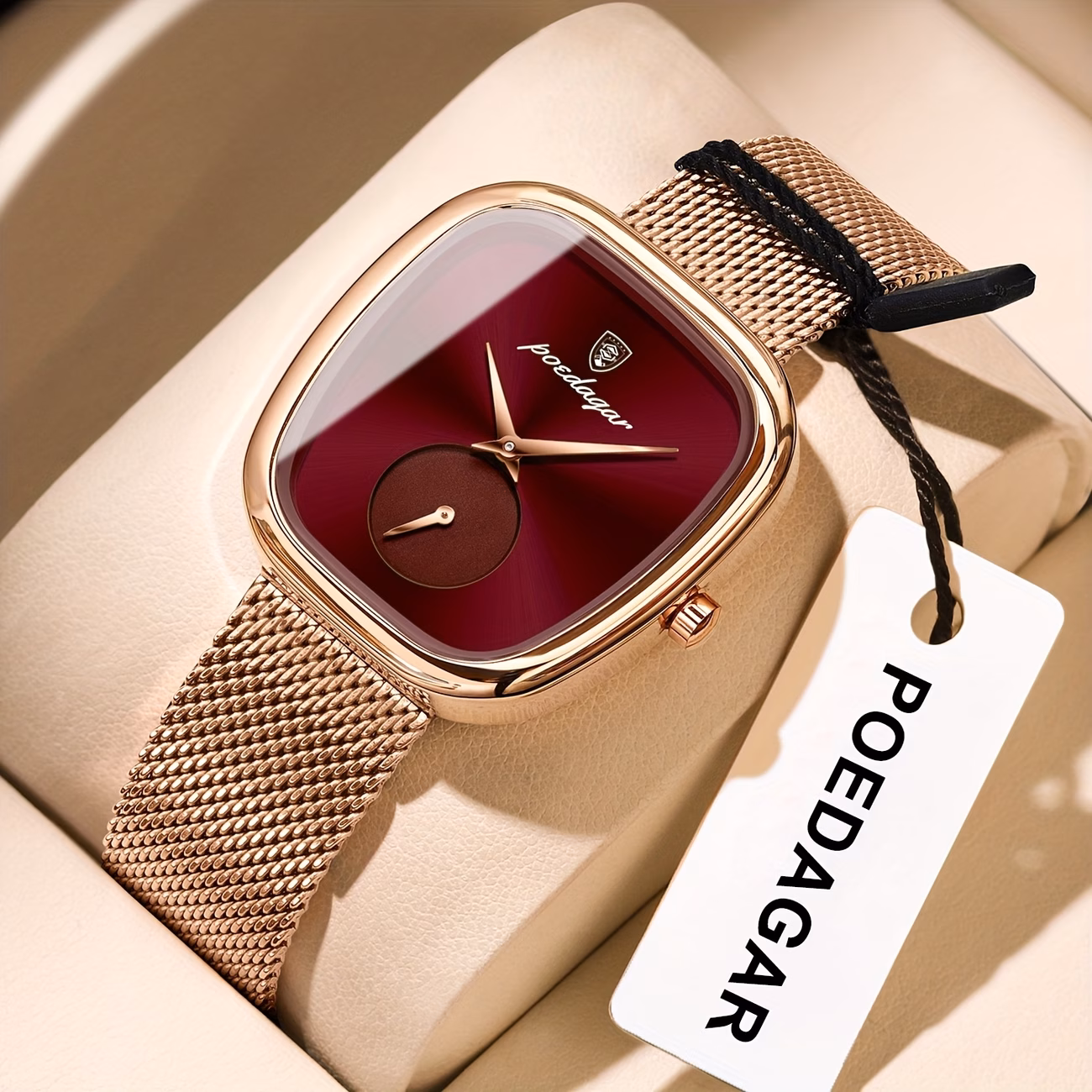 POEDAGAR Elegant Rose Square Watch - Waterproof Stainless Steel Mesh Band, Quartz Movement Wristwatch with Black Dial & Rose Hands, Suitable for Parties, Casual & Swimming, 3ATM Timepiece