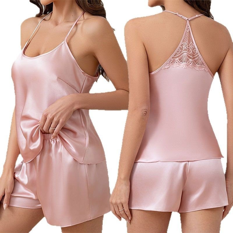 Womens Casual Silk Pajamas Solid-Color Lace Loungewear Set - Image 5