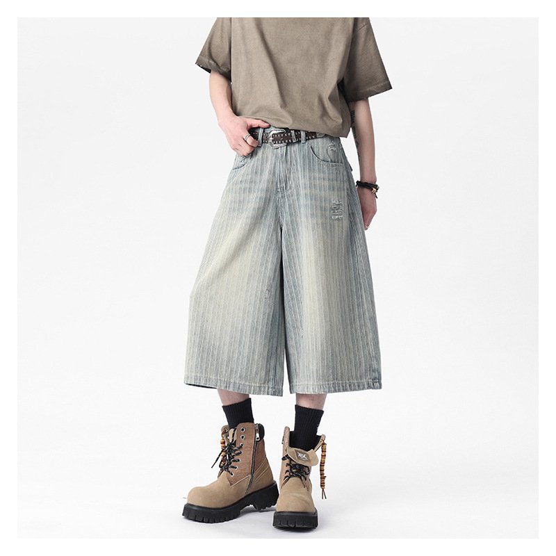 Workwear Striped Capri Denim Shorts - Image 3
