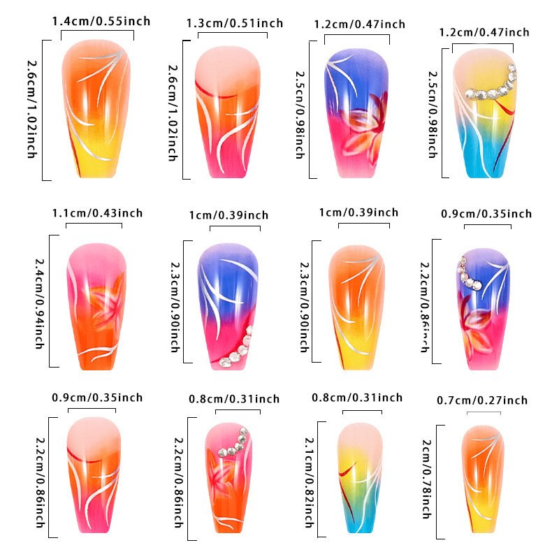 Color Gradient Flower Rhinestone Fake Nails - Image 3