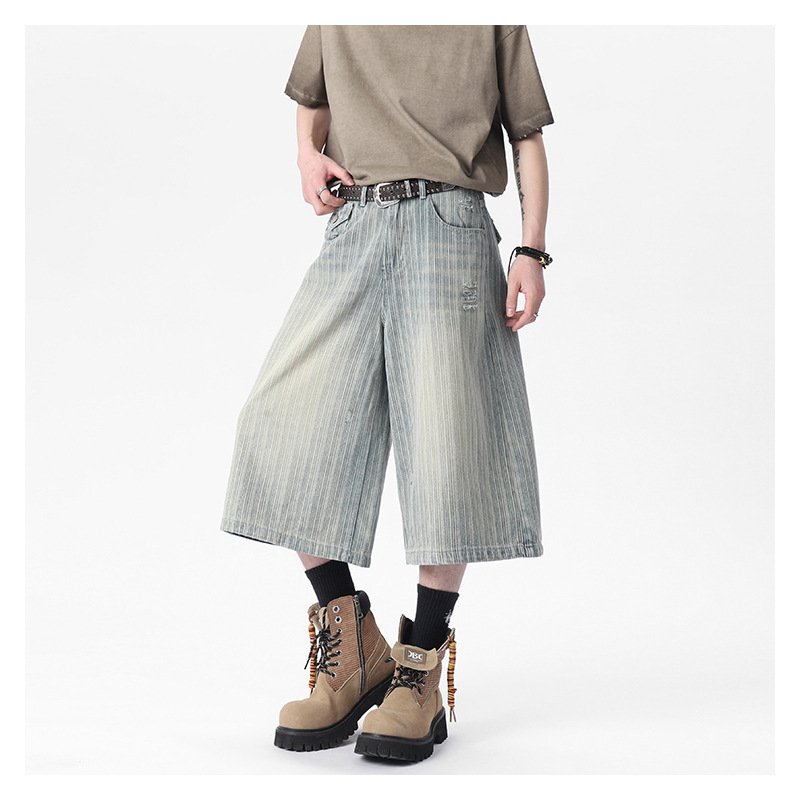 Workwear Striped Capri Denim Shorts - Image 6