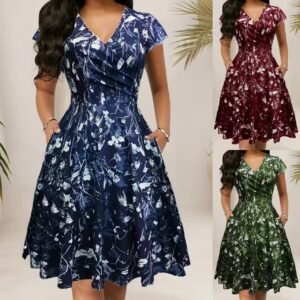 Womens Floral Waist Cinched Short Sleeve V Neck Dress