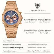 POEDAGAR Men's Luxury Chronograph Watch with Luminous Dial, Stainless Steel Case, 3ATM High Quality, Calendar & Stopwatch Functions, Casual Sporty Design, Battery-Powered Quartz Movement, Casual Attire | Sporty Elegant Style | Sophisticated Strap - Image 2
