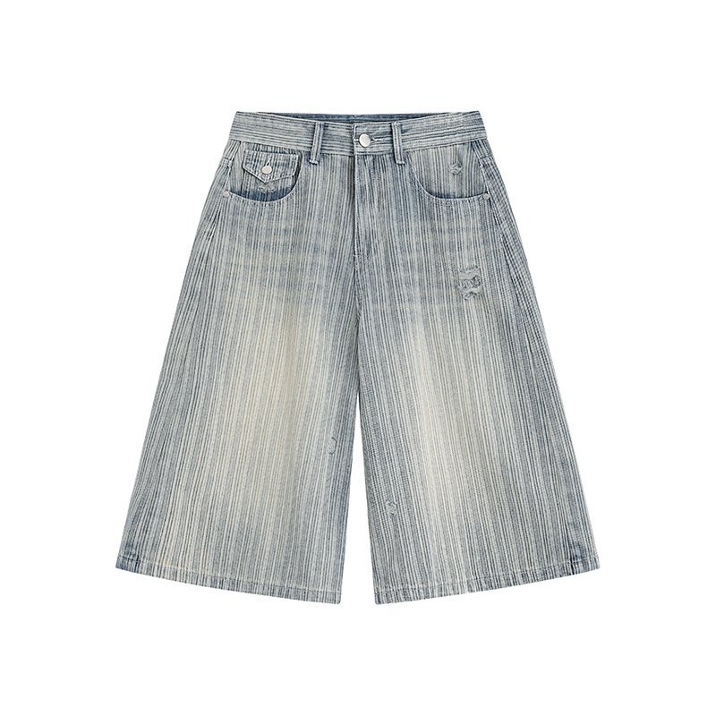 Workwear Striped Capri Denim Shorts - Image 2