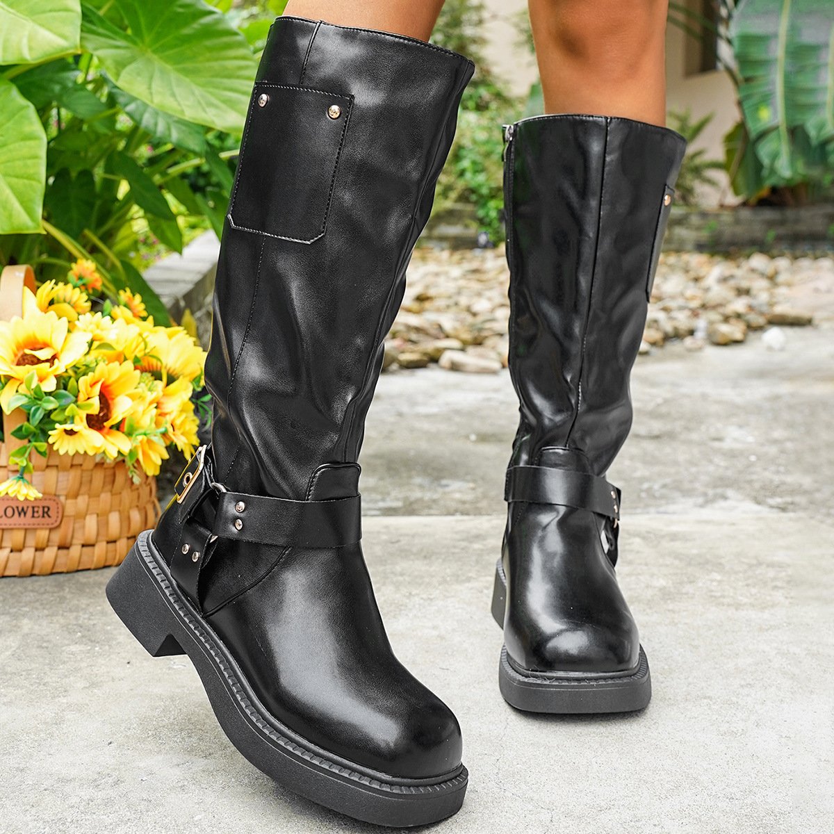 Calf-length Metal Belt-buckle Chunky-heeled High-top Denim Boots - Image 2