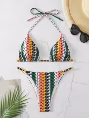 Women's Bikini Swimsuit Set, 2pcs, Solid Color and Printed, Cross-Over Spliced, Multi-Color, Sexy Halter Neck Bikini for Beach Vacation