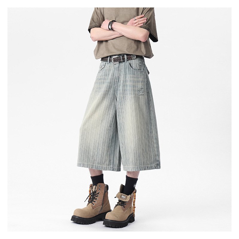 Workwear Striped Capri Denim Shorts - Image 5