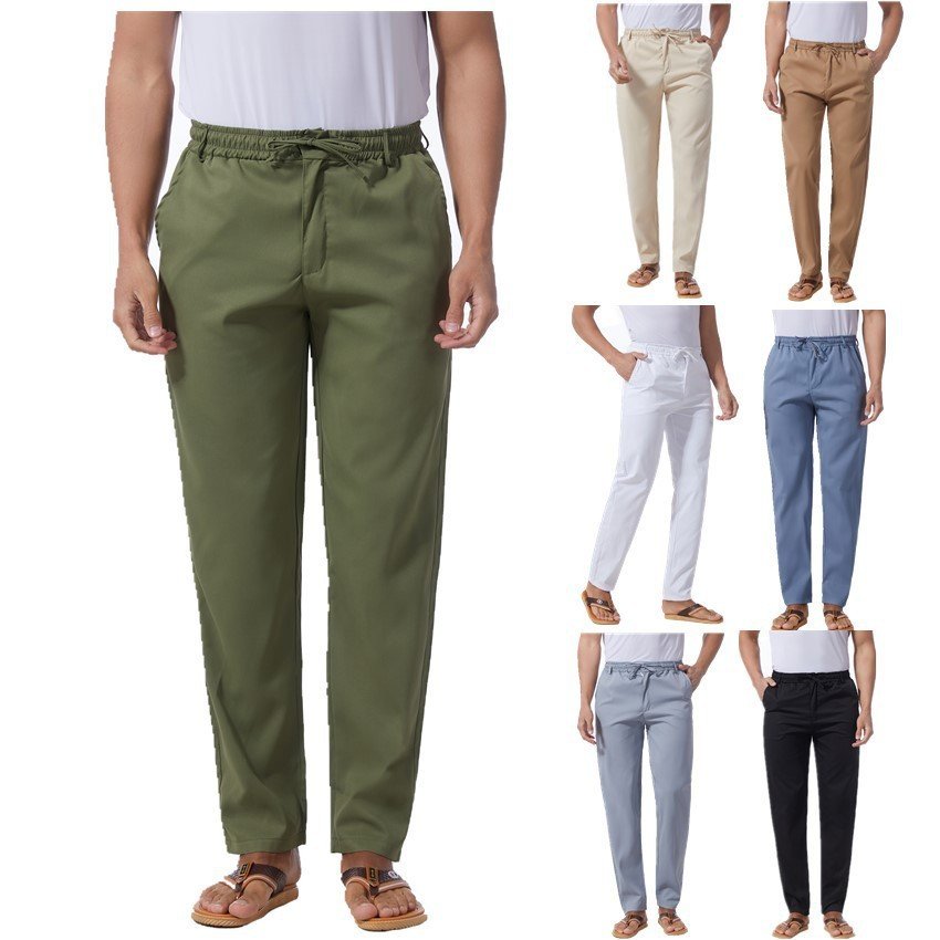 New Mens Solidcolor Linen Cotton Looseit Casual Pants - Image 4