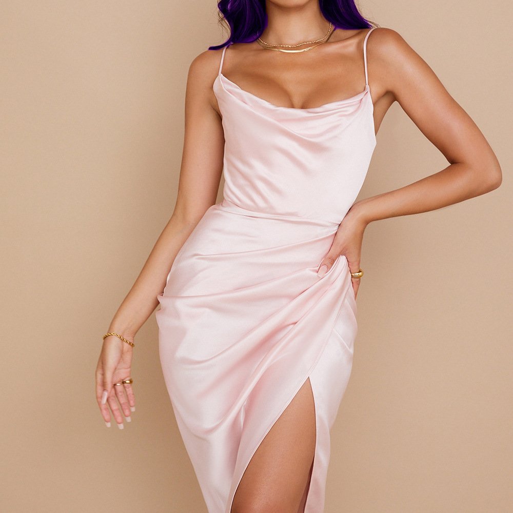 European And American Cross-border Style, Fashionable, Slimming And Sexy Halter Slit Satin Dress - Image 6