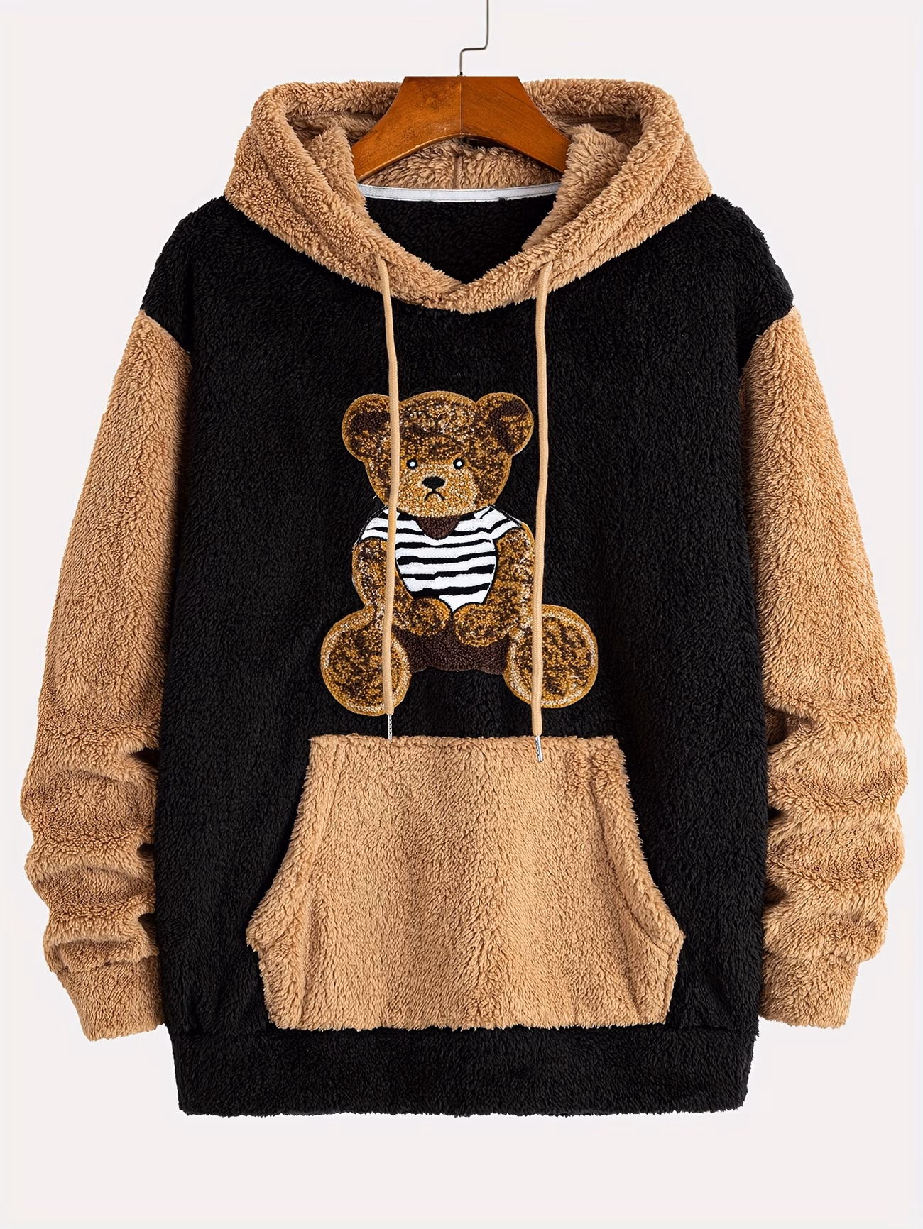 Men's National Trend Color-Block Patchwork Thickened Warm Hooded Plush Sweatshirt with Embroidered Little Bear Pattern, Three-Dimensional Embroidery, Loose Fit, Autumn/Winter Cold-Weather Fashion Top Hoodie