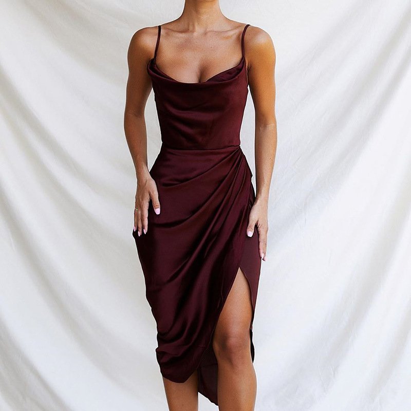 European And American Cross-border Style, Fashionable, Slimming And Sexy Halter Slit Satin Dress - Image 3