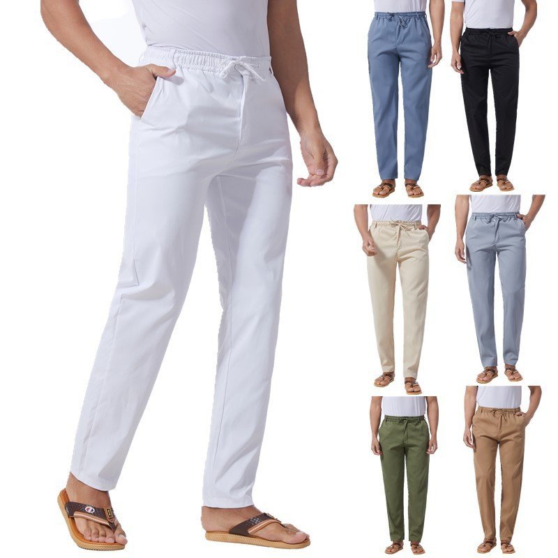 New Mens Solidcolor Linen Cotton Looseit Casual Pants - Image 2