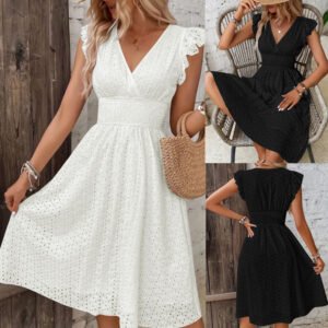 V-Neck Eyelet Embroidery Ruffle Sleeve Smocked Waist Midi Dress, Casual A-Line Summer Dress For Vacation