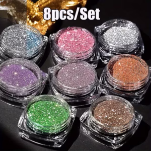 8Pack Nail Art Glitter Powder Set Holographic Laser Sparkle Dust Chrome Reflective Effect for Manicure Flake DIY Nail Design