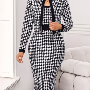 [QD0807021] Women'S Spring Autumn New Fashion Temperament Elegant Houndstooth Short Jacket And Pencil Skirt Business Work Party Casual Office Dress Set