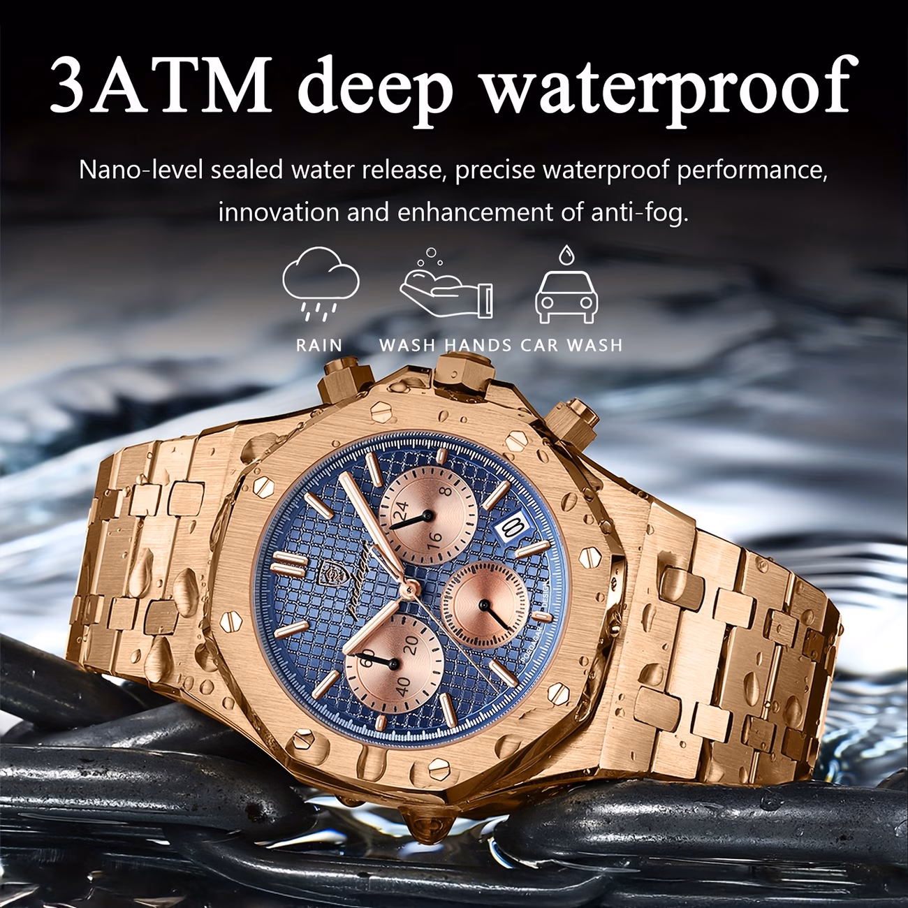 POEDAGAR Men's Luxury Chronograph Watch with Luminous Dial, Stainless Steel Case, 3ATM High Quality, Calendar & Stopwatch Functions, Casual Sporty Design, Battery-Powered Quartz Movement, Casual Attire | Sporty Elegant Style | Sophisticated Strap