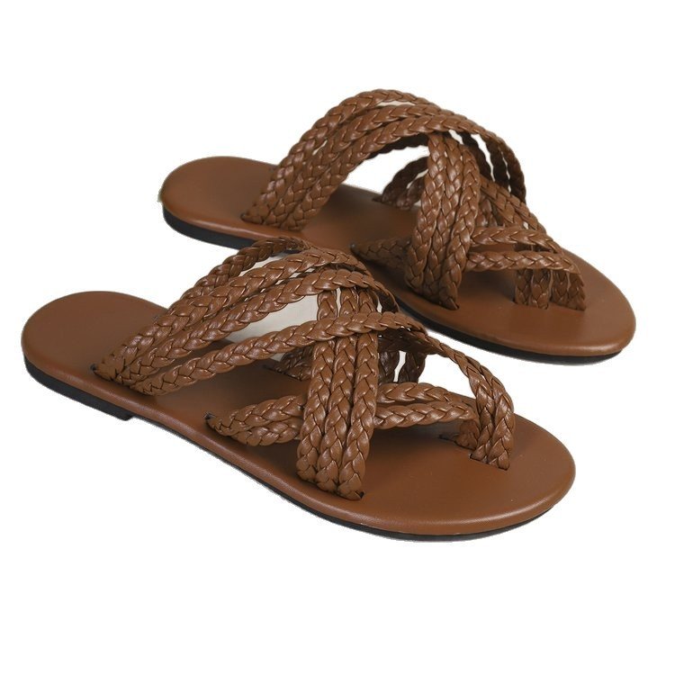 Flat Thong Elastic Strap Solid Color Sandals With Woven Straps - Image 7