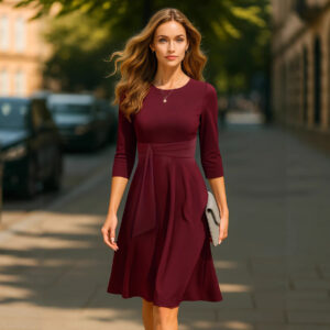 Solid Color Round Neck Three-quarters Sleeved Wine Red A-line Skirt
