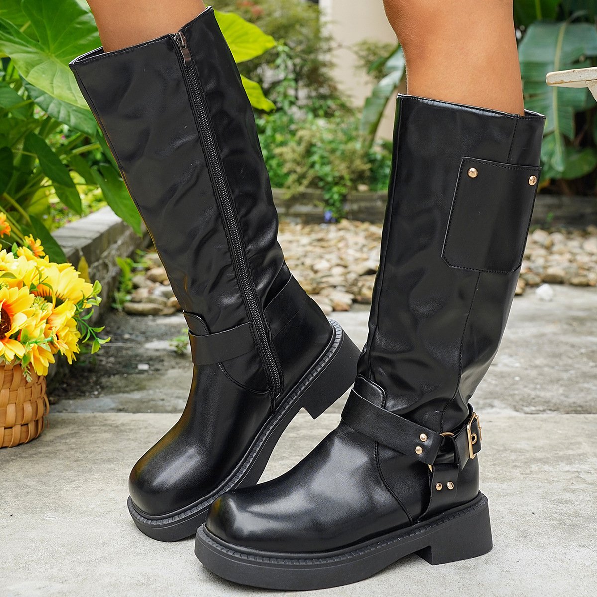 Calf-length Metal Belt-buckle Chunky-heeled High-top Denim Boots - Image 4