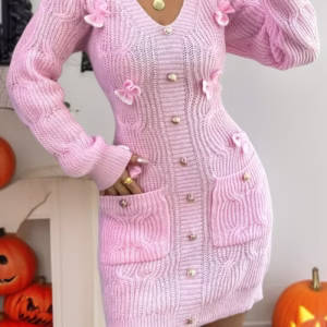 YY0603493 New Spring Sweet Style V-Neck Dress for Women, Long Sleeve Cable with Pearl Buttons and Bow, Suitable for Dates and Parties, Exuding Romantic Elegance