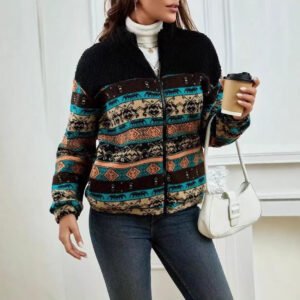 Double-sided Plush Stand-up Collar Zip-up Cardigan For Fall And Winter