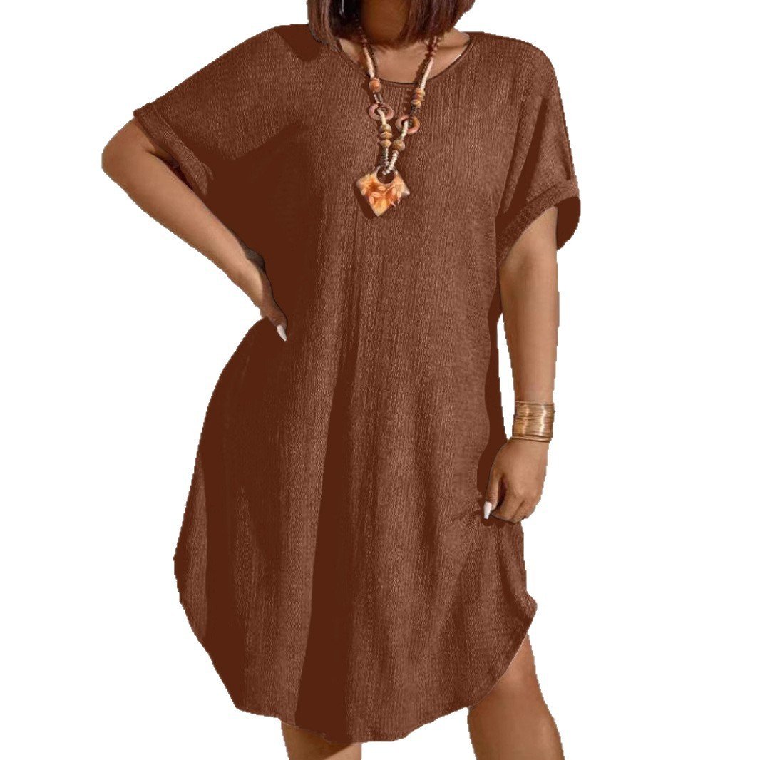 Womens Solid-color Loose-fitting Casual Round-neck Dress - Image 9