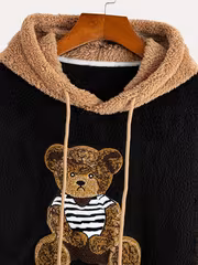 Men's National Trend Color-Block Patchwork Thickened Warm Hooded Plush Sweatshirt with Embroidered Little Bear Pattern, Three-Dimensional Embroidery, Loose Fit, Autumn/Winter Cold-Weather Fashion Top Hoodie - Image 3