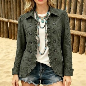 Olive Green Floral Embroidery Ruffle Trim Western Blazer Jacket