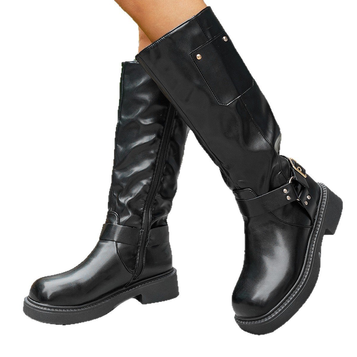 Calf-length Metal Belt-buckle Chunky-heeled High-top Denim Boots - Image 6