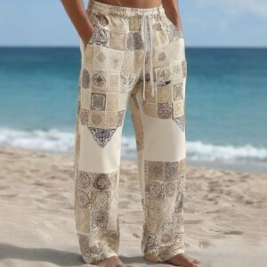 Loose-fitting Linen Wide-leg Trousers With Digital Print