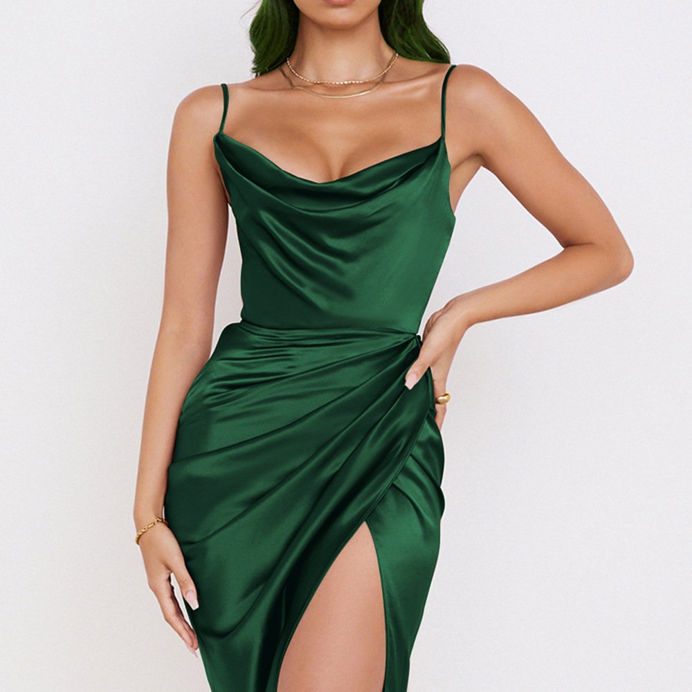 European And American Cross-border Style, Fashionable, Slimming And Sexy Halter Slit Satin Dress - Image 7