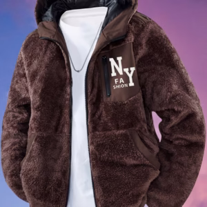 Everyday Casual] Men's Cozy Faux Fur Hooded Jacket with NY Letter Print – Soft, Comfortable, and Stylish for All Seasons | Perfect Valentine's Gift for Him