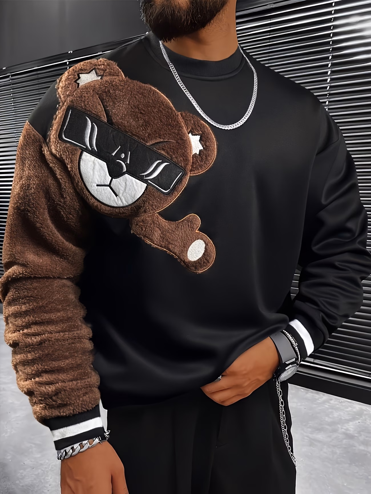 Men's Long Sleeve Crew Neck Sweatshirt, New Autumn/Winter Style, Bear Design, Casual Loose Fit Top