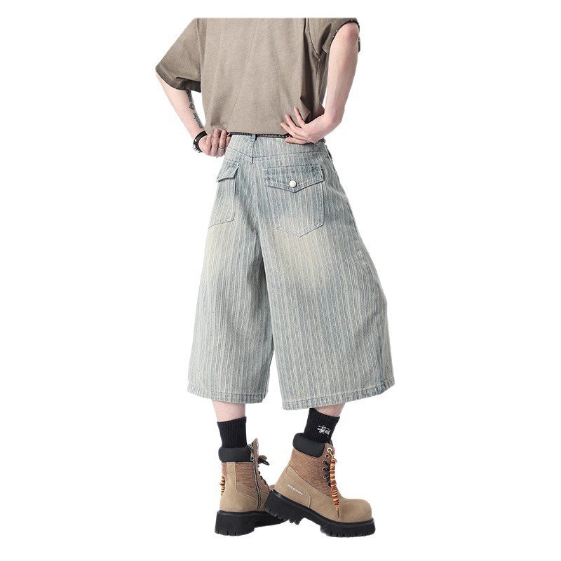 Workwear Striped Capri Denim Shorts - Image 7