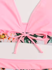 New Split Bikini Top Solid Color Halter Printed Briefs Style Swimsuit for Women - Image 3