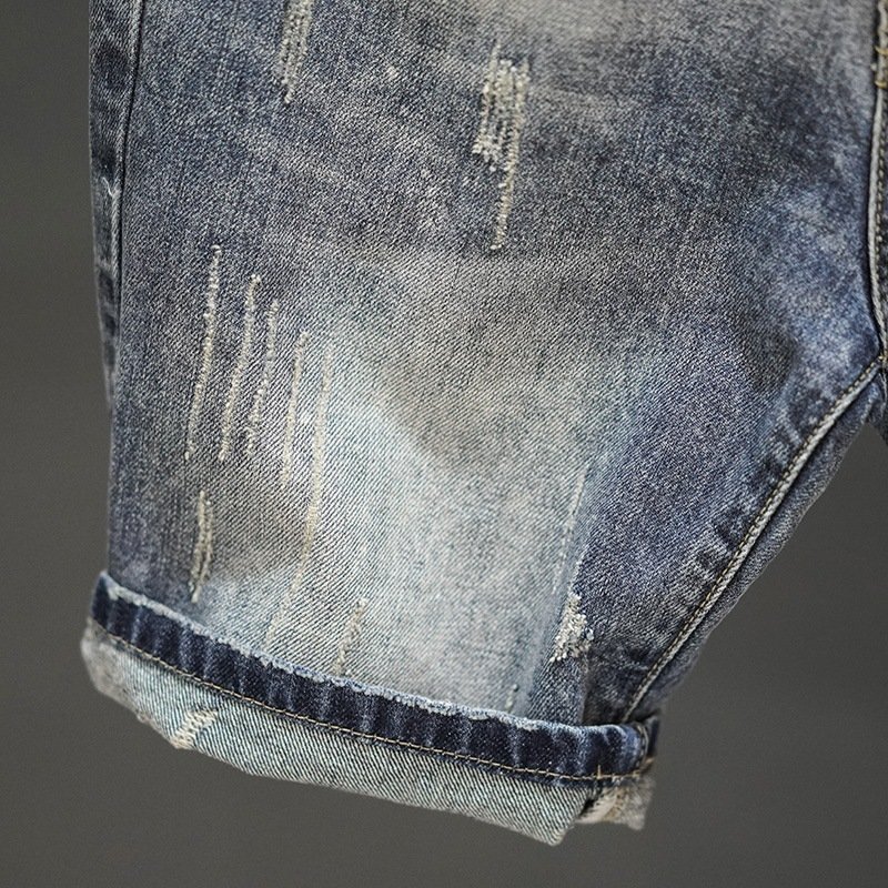 Retro Ripped Denim Mens Trendy Cropped Pants With Fuzzy Hems - Image 4