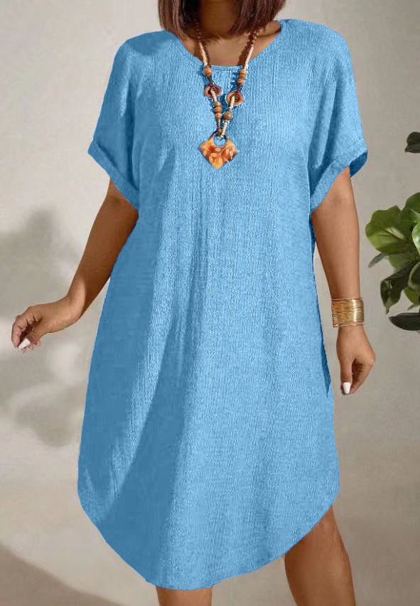 Womens Solid-color Loose-fitting Casual Round-neck Dress - Image 6