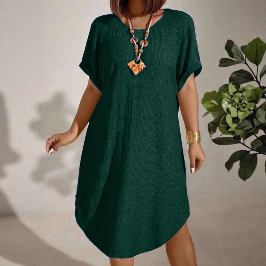 Womens Solid-color Loose-fitting Casual Round-neck Dress - Image 5
