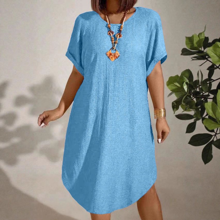 Womens Solid-color Loose-fitting Casual Round-neck Dress - Image 4