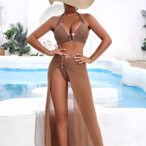 Two-piece swimsuit women sexy beach leisure vacation solid color bikini three-piece long skirt swimsuit