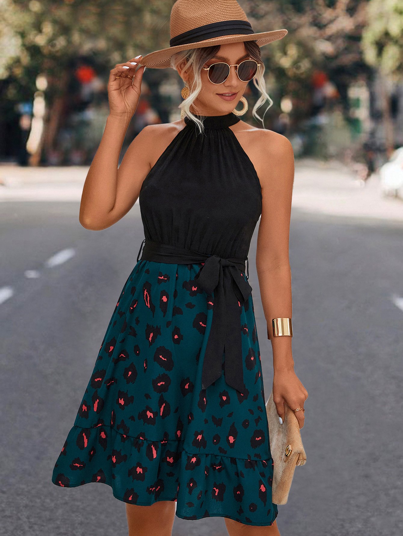 Womens Halter-Neck Patchwork Dress - Image 3