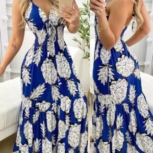 Bohemian Pineapple Print Spaghetti Strap Maxi Dress, Deep V Neck Tie Front Ruched Waist Flowy Long Dress For Beach Vacation Summer Dress For Women