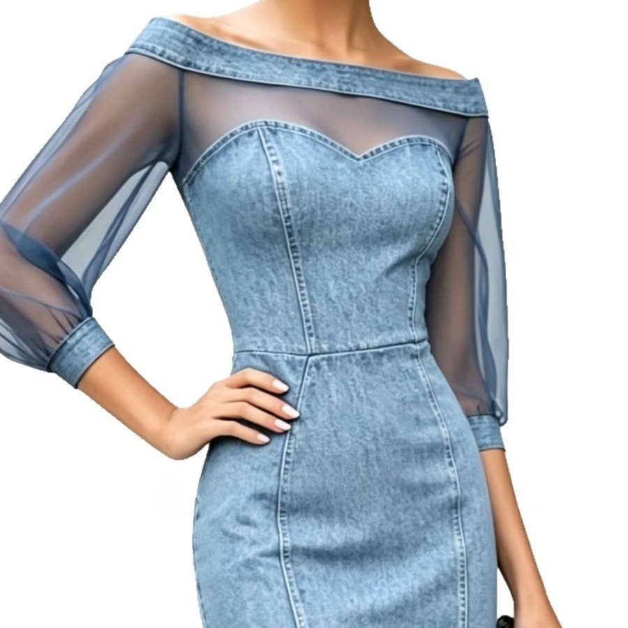 Mesh-panel Denim Off-the-shoulder Sheath Dress - Image 4