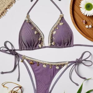 Purple Tie-Front Bikini Slim Fit 2pcs Women's Beachwear 2-in-1 Look