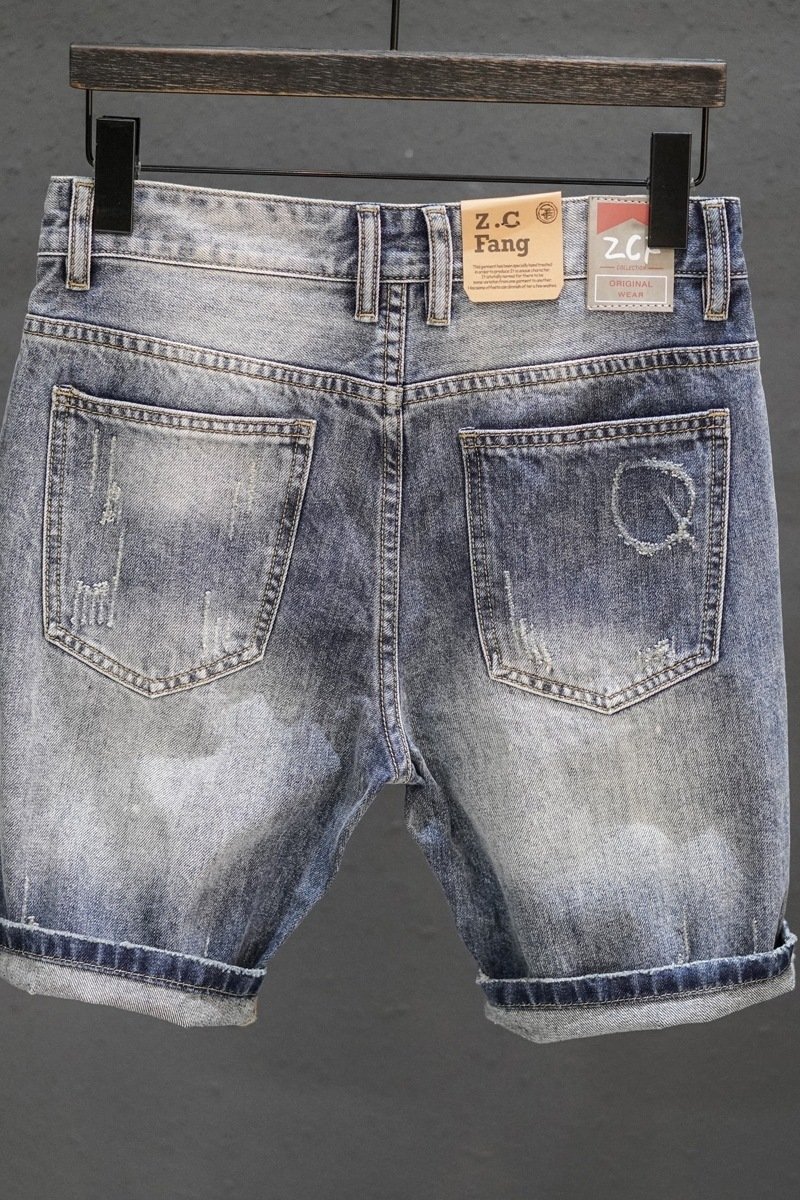 Retro Ripped Denim Mens Trendy Cropped Pants With Fuzzy Hems - Image 5