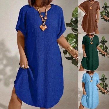 Womens Solid-color Loose-fitting Casual Round-neck Dress
