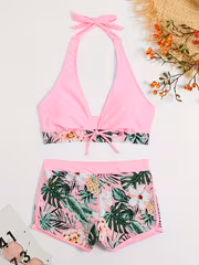 New Split Bikini Top Solid Color Halter Printed Briefs Style Swimsuit for Women - Image 2