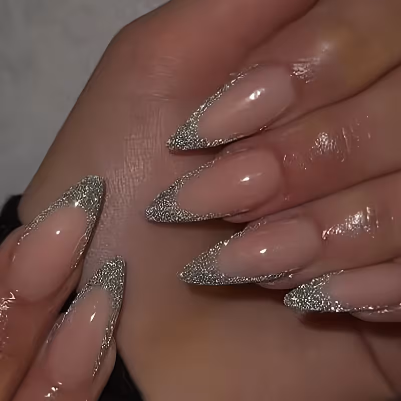 24pcs of Fake Nails Glitter French Pink Manicure Almond-Shaped Long Wearable Nails