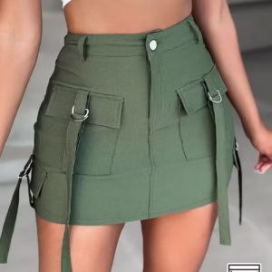 New 25 Holiday Style Product, Spring/Summer Women's Military Green Shorts, Casual Workwear Suspender Summer High-Waist A-Line Skirt with Pockets