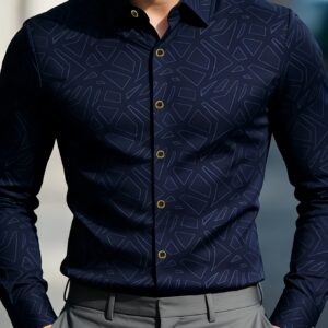 Men's Dress Shirt in Navy Blue with Print